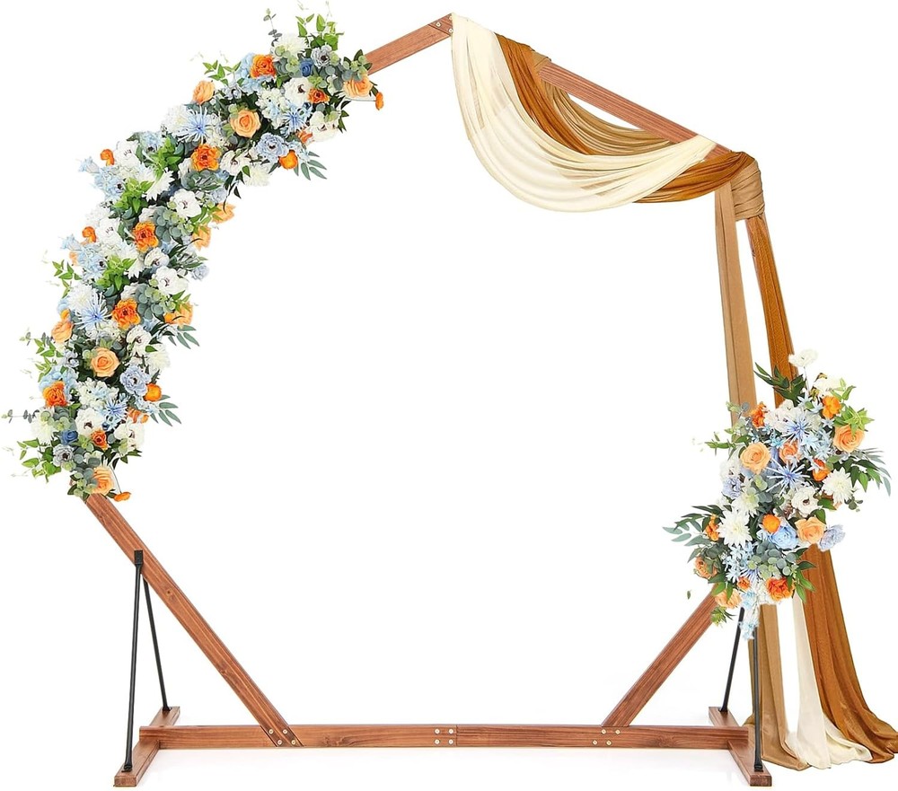 7 FT Wooden Wedding Arch for Ceremony Heptagon Solid Wood Arch Stand Outdoor