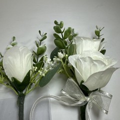 Corsage and Boutonniere Set Cream Ivory Roses Baby’s Breath Greenery Handmade