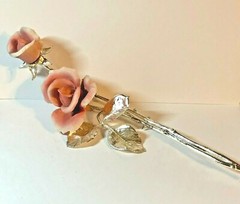 Metal Pink Rose and Bud with trimmed silver lacquered Long Stem