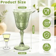 Plastic Wine Glasses, Unbreakable Wine Cups with Stem 6oz 12 Green-Flower