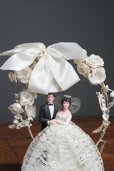 Vintage Bride Groom Wedding Topper Sugar Sculpture Art Deco Stand Antique Lace