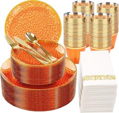 Rubtlamp 350-Pc Orange Gold Plastic Dinnerware Set for 50 Guests
