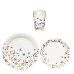 75 White Wildflower Butterfly Print Paper Plates and Cups Set Wedding Events
