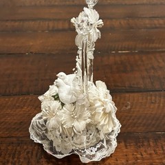 Vintage Wedding Cake Topper Acrylic Heart Birds Doves Floral Lace 9”