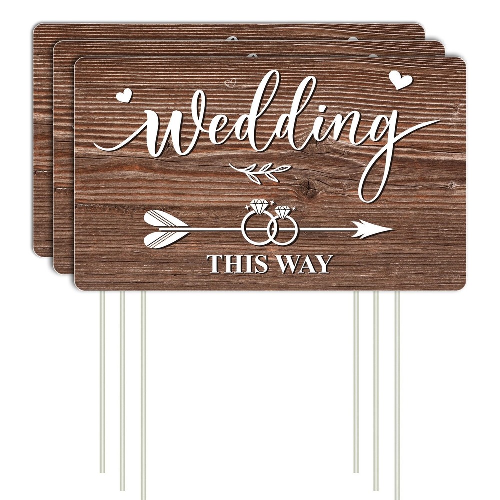 Lesnala 3Pcs Double Sided Wedding this Way Sign 14.2 x 8.5 inches, Brown-3PCS