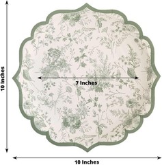 25 White Sage Green 10″ Floral Leaf Print Paper Plates Scalloped Rim Party Event