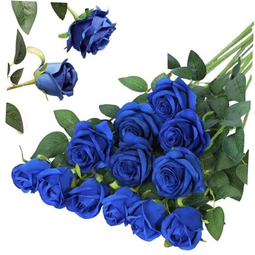 12PCS Artificial Silk Flowers Realistic Roses Bouquet 6 Flowers 6 Buds Blue