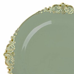 10 DUSTY SAGE GOLD 10″ Round Plastic Salad Dinner PLATES Embossed Baroque Rim
