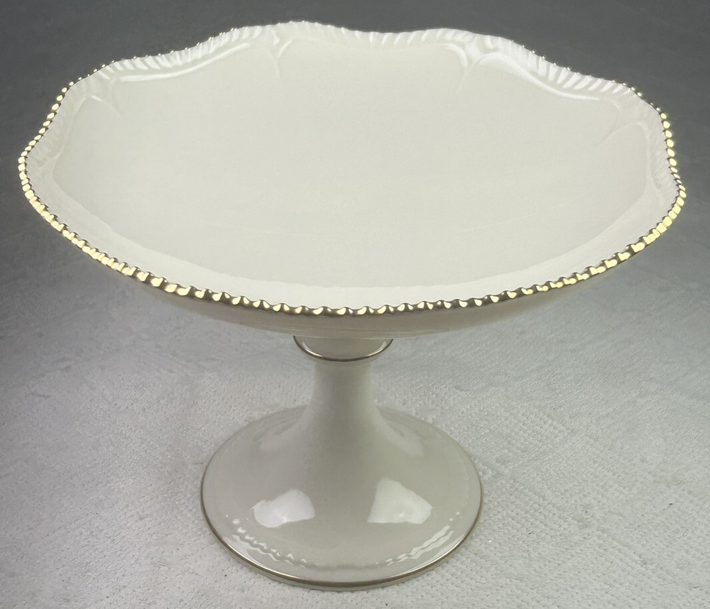 Lenox Cream Compote 24K Gold Beaded Trim 6” Pedestal Cookie Server 8.5” diam