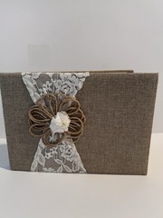 Rustic Burlap Linen & Lace Wedding Guest Book, Brown/White, Twine Flower