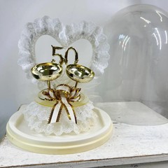 Vintage 50th Wedding Anniversary Cake Topper with Gold Champagne Flutes Ribbons