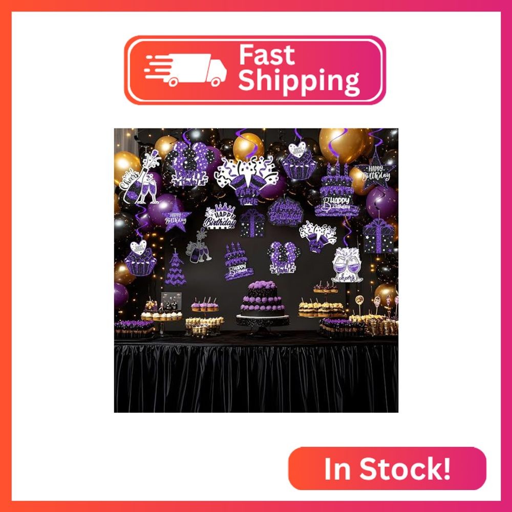 Black and Purple Happy Birthday Hanging Swirl Decorations – 48PCS Ceiling Swirls