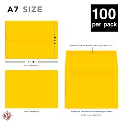 A7 Envelopes, 5 1/4″ x 7 1/4″, Sun Yellow, Square Flap, 24w (90gsm), 100 Qty