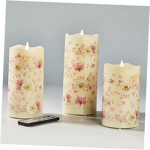 Fiber Optic Flameless Candles with Remote, Pink Floral Φ 3″ x H 5″ 6″ 7″