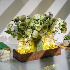 3 Pc Mason Jar Centerpiece Set w/Wood Tray & LED Lights, Green Farmhouse Decor