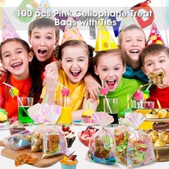 Cellophane Bags, 100 Pcs 6×10 Inches Clear Treat Bags with Iridescent Pink