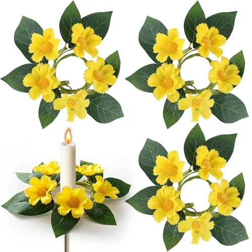 PCS Spring Daisy Taper Candle Rings Wreaths 1.38″ Mini Spring Summer 4 Yellow