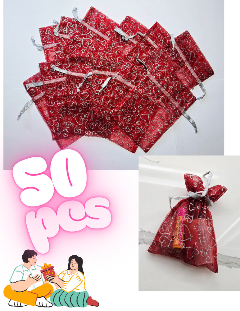 50pcs Red Heart Organza Gift Bags 5″x7″ Drawstring Pouches Jewelry Favor Wedding