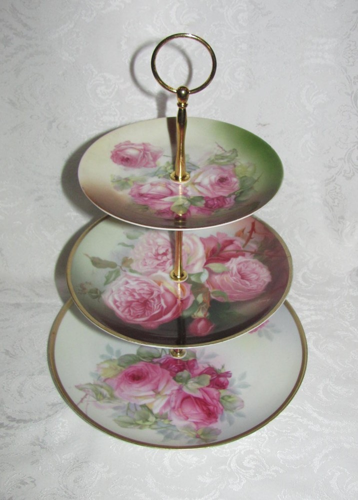 Custom Three Tier Tea Party Cake Stand Made With Vintage Hand Painted Plates