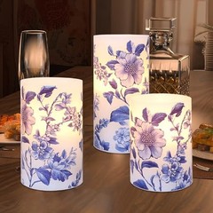 Flameless Candles Blue and White Porcelain Floral Chinoiserie Decor Battery