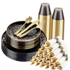 175pcs Black Gold Plastic Plates – Black Black and Gold 175 Pieces (25 Guests)