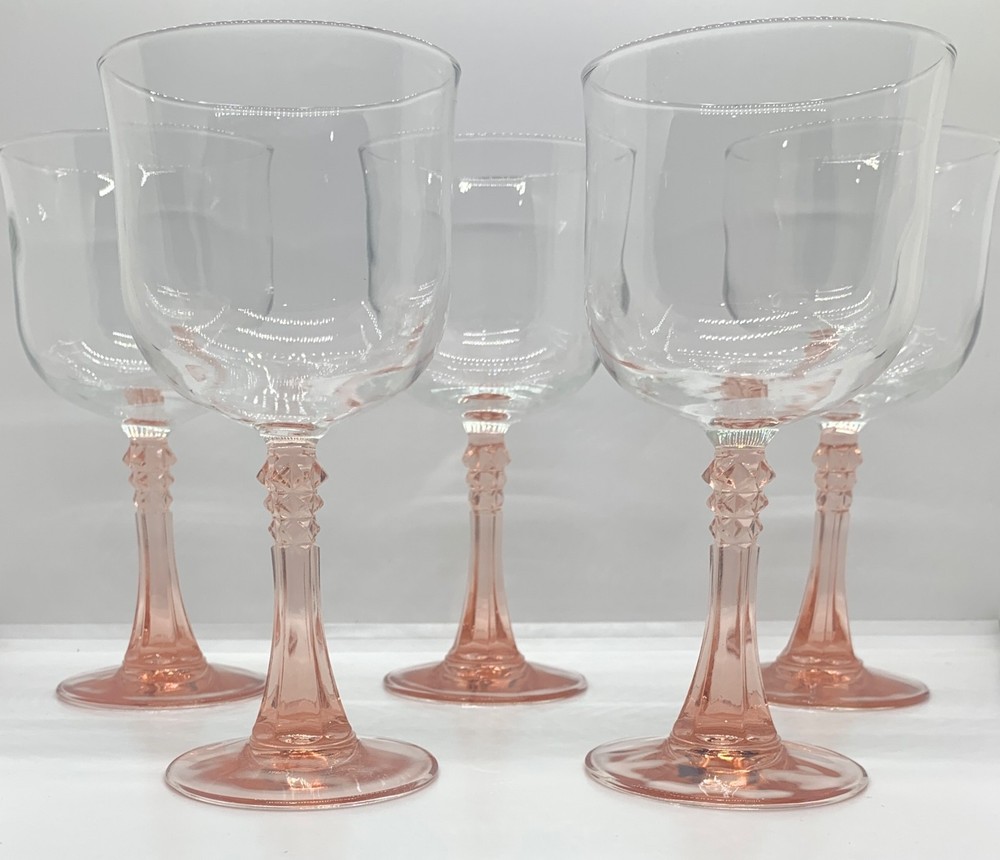 (5) Cristal D’Arques “Durand» Blush Pink Stemware 8oz Wine Glasses