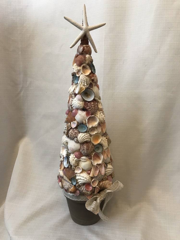SEASHELL Topiary Tree Starfish Pink Beach CLAY POT Centerpiece Shore Ocean 18″