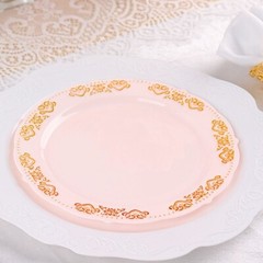 8″ Blush Round Salad Plates Gold Trim Party Wedding Disposable Tableware