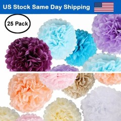 25 Pcs Paper Flowers Pom Poms Fluffy Tissue Hanging Party Décor 8″/10″/12″/14″