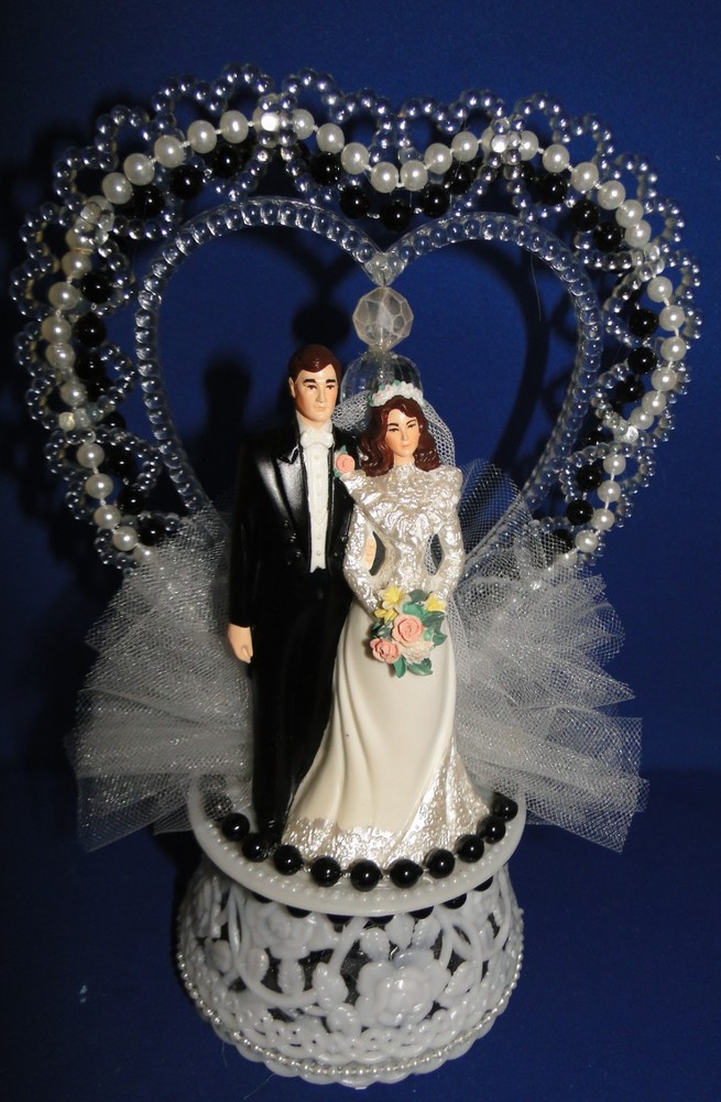 New Vintage Bride & groom black tux with black beaded trim Wedding Cake Top #295