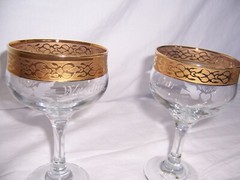 2 Our Wedding Etched Water Goblets/Wine Glasses Encrusted Gold Rim Bride & Groom