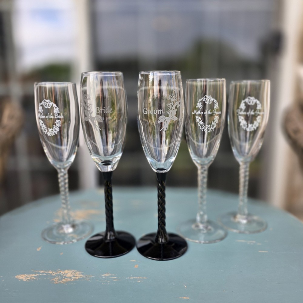 Wedding Champagne Flute Set 5 Pc Bride Groom Mother Father Toasting Glasses