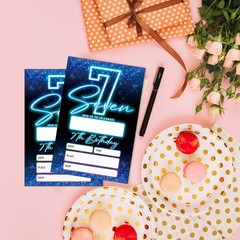 SIXEIGHT Blue 7th Birthday Invitations for Boys, Neon Glow Party Invitations …