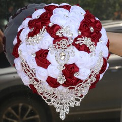 7″ Bouquet Luxury White Red Bride Wedding Ribbon Brooch Pearl Satin Rose Decor