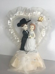 Western Wedding Cake Top, Ivory with Gold Cowboy Boot Charm, Pearl Heart, Cowboy