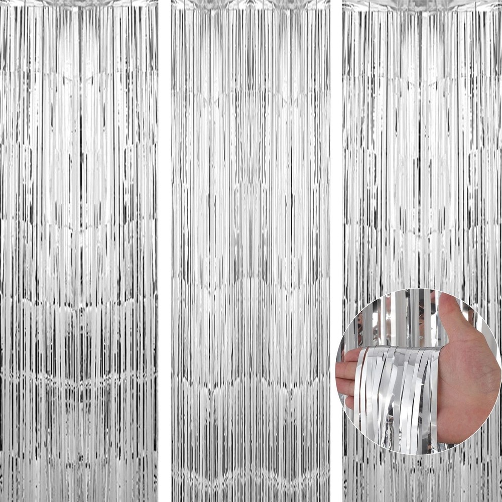 TenLaitech 3 Pack 3.3 x 9.9 ft Silver Foil Fringe Backdrop Curtain, Streamer …