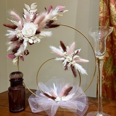 Wedding Table/Floral Reception Centerpiece, Gold Round Circle Dried Flowers