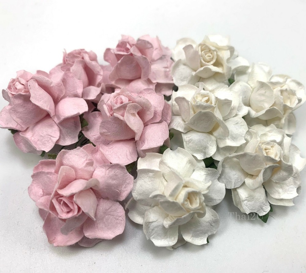 1-1/2″ or 3.75 cm White + Baby Pink Paper Flower Wedding Scrapbook Rose R21/2+15