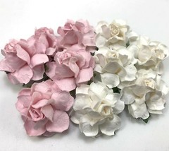 1-1/2″ or 3.75 cm White + Baby Pink Paper Flower Wedding Scrapbook Rose R21/2+15