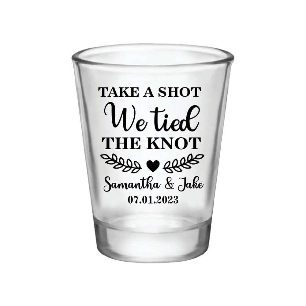 personalized wedding shot glasses, take a shot we tied the knot, wedding favors