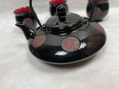 New Black Glossy Chinese Wedding Tea Set Double Happiness 囍 Teapot + 4 Cups