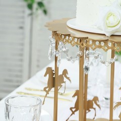 14″ Gold Metal Round Pedestal Cake Stand Carousel Design with Hanging Acrylic