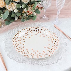 25 WHITE 9″ Round PAPER PLATES ROSE GOLD Polka Dots Party Events Home Tableware
