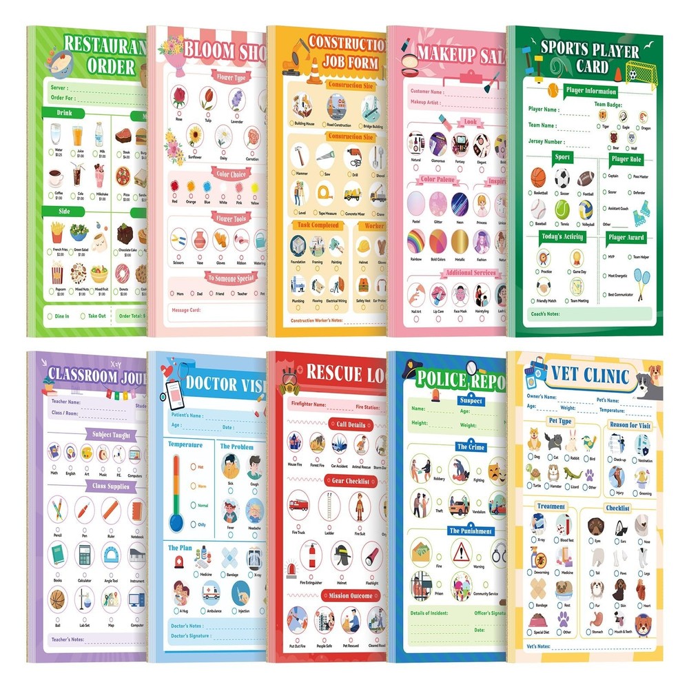 10 Pack Kids Pretend Play Notepads, 40 Pages Kids Playtime Pads, 4» x 6» Al…
