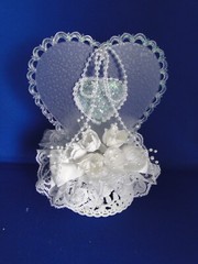 New Elegant Wedding Caketop frosted glass look heart & white satin flowers #269