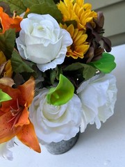24 Orange, Brown, yellow, white, green, floral wedding centerpieces & burlap.