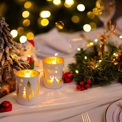 Set of 2 White Christmas Votive Holders, Winter Trees & Reindeer Tealight Cups
