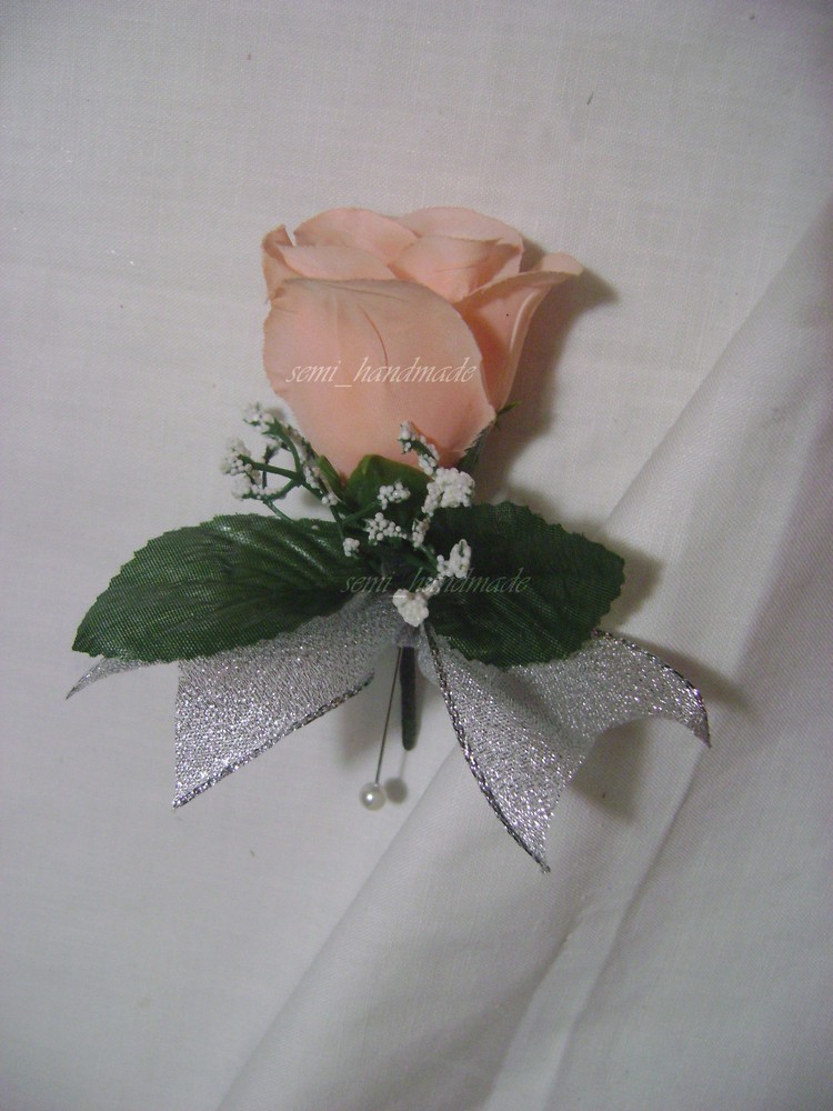 Peach*Wrist*Pin*corsage*Boutonniere*with silver ribbon*Prom*Wedding*Quinceanera