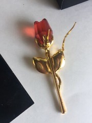 Gold Stem Red Rose in a box Wedding Favor Gold Tone Red Crystal 3.5” Length