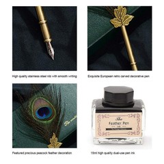 Peacock Feather Pen Set Antique Calligraphy Writing Quill Ink Dip Pen with Ho…